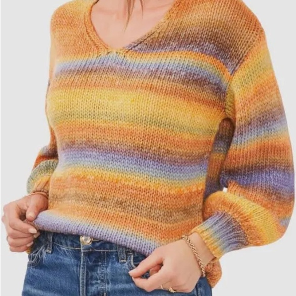 NWT Vince Camuto Brown and Orange citrus Striped V-Neck Sweater size M